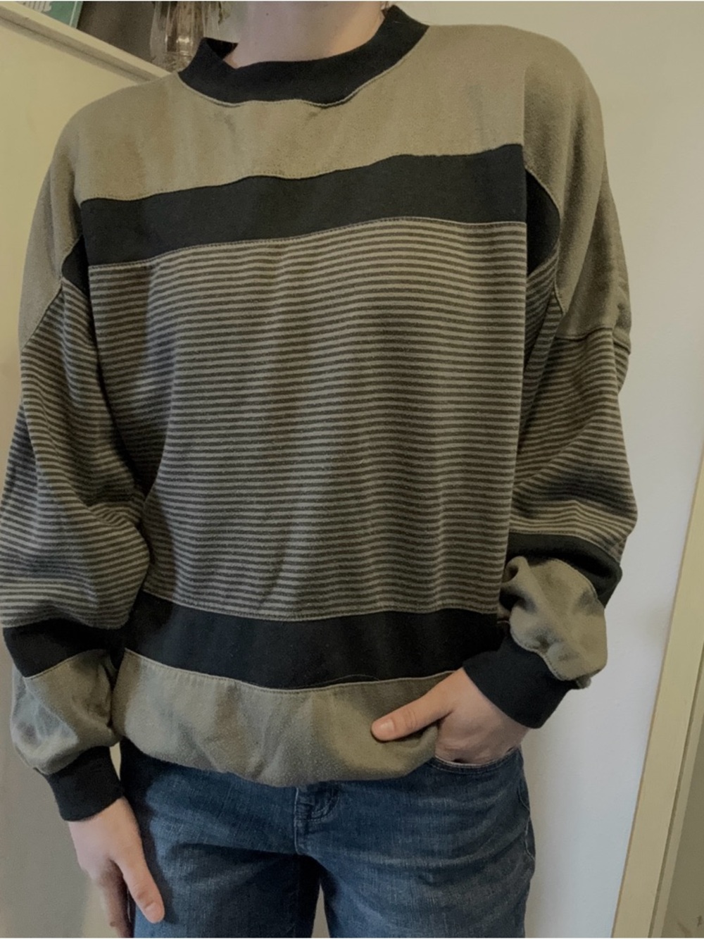 Relaxed Olive and Black Striped Crewneck Sweatshirt